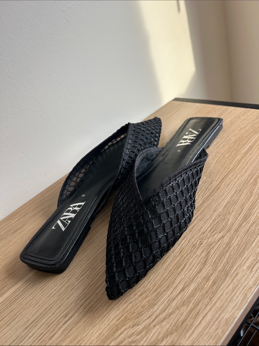 ZARA Black Woven Pointed Slip-On Mules